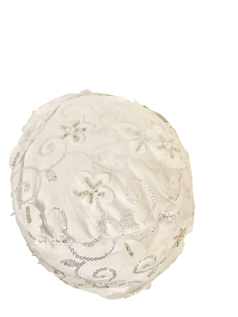 Floral White Sequins Turban Hat, Wedding, Party, Instant Traditional Headwear, Head Wrap, Fashion Beanie for Ladies, Head Cover