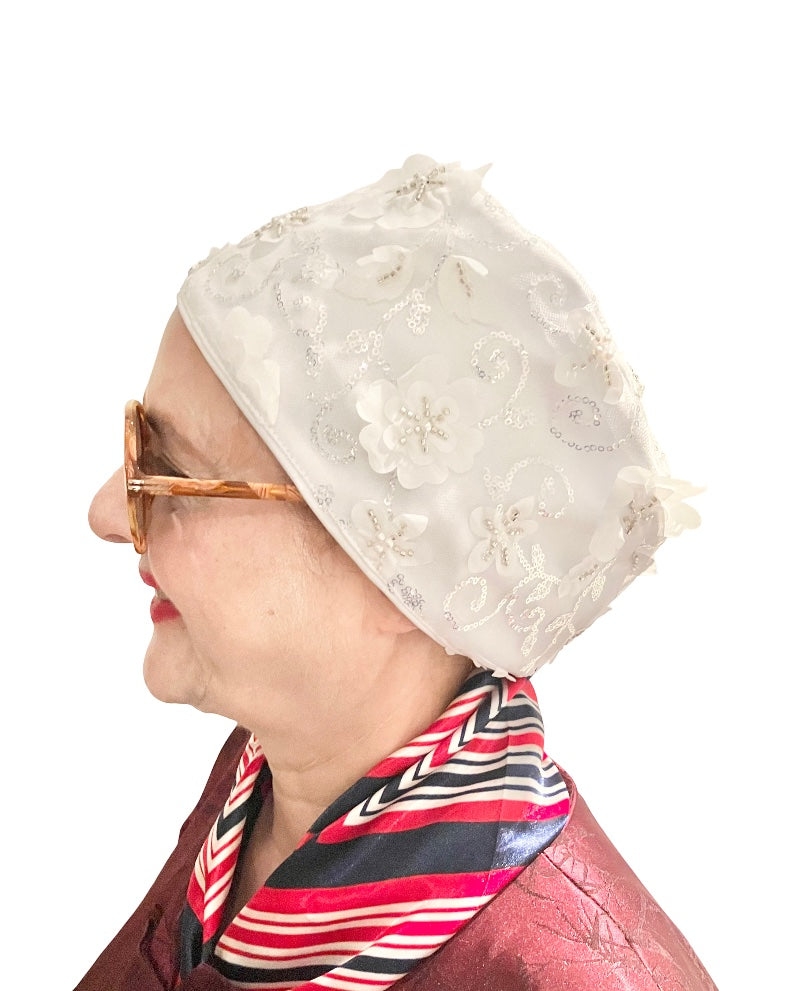 Floral White Sequins Turban Hat, Wedding, Party, Instant Traditional Headwear, Head Wrap, Fashion Beanie for Ladies, Head Cover