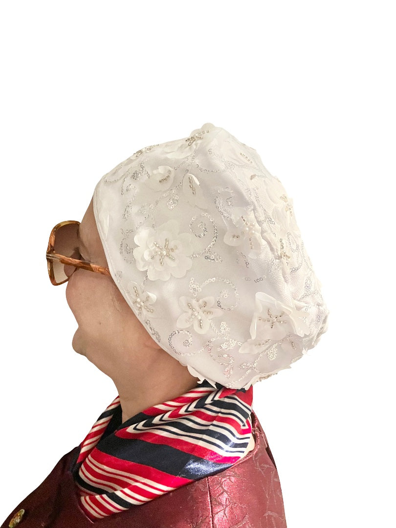 Floral White Sequins Turban Hat, Wedding, Party, Instant Traditional Headwear, Head Wrap, Fashion Beanie for Ladies, Head Cover