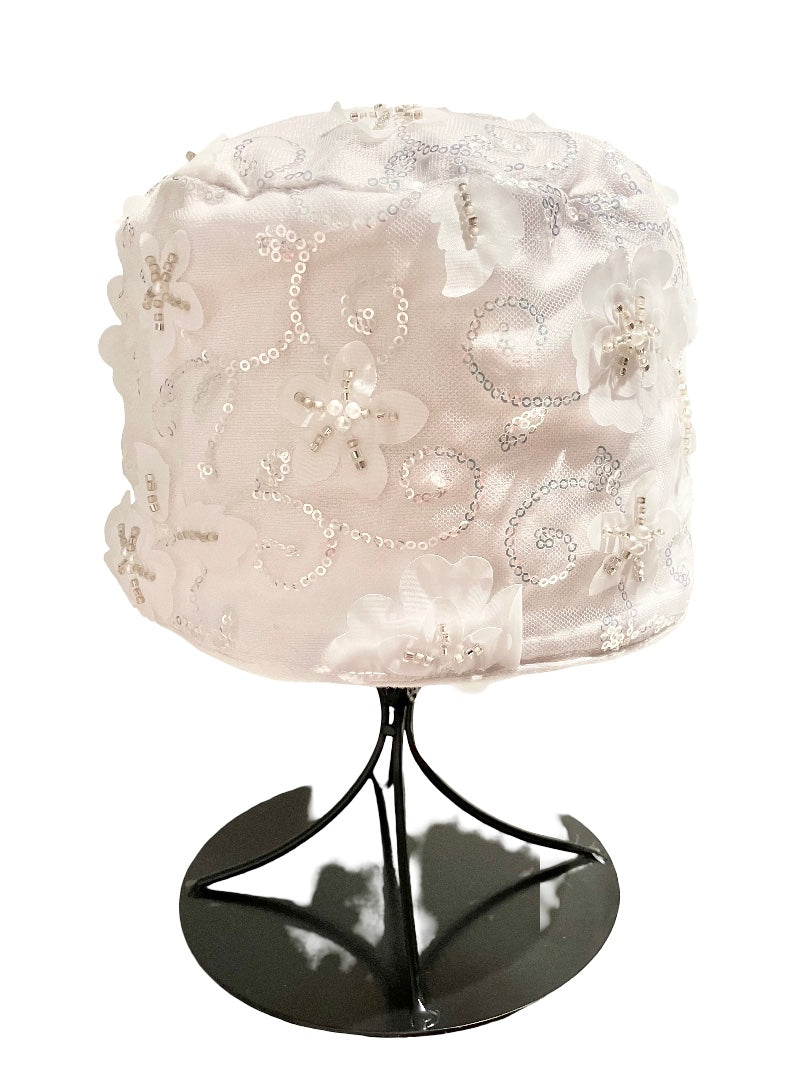 Floral White Sequins Turban Hat, Wedding, Party, Instant Traditional Headwear, Head Wrap, Fashion Beanie for Ladies, Head Cover